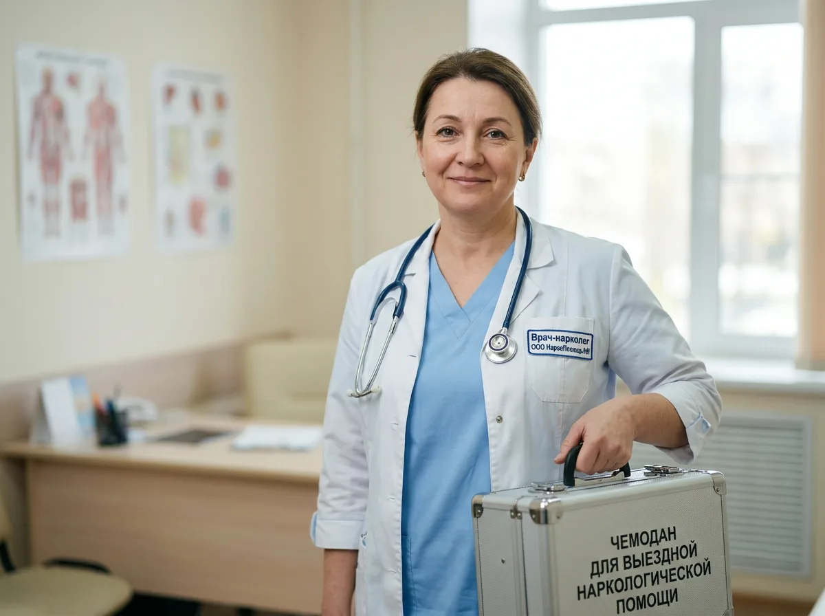 Врач-нарколог ООО НаркоПомощь НН в медицинской одежде с чемоданом для выездной наркологической помощи, светлый профессиональный фон, доверительная атмосфера