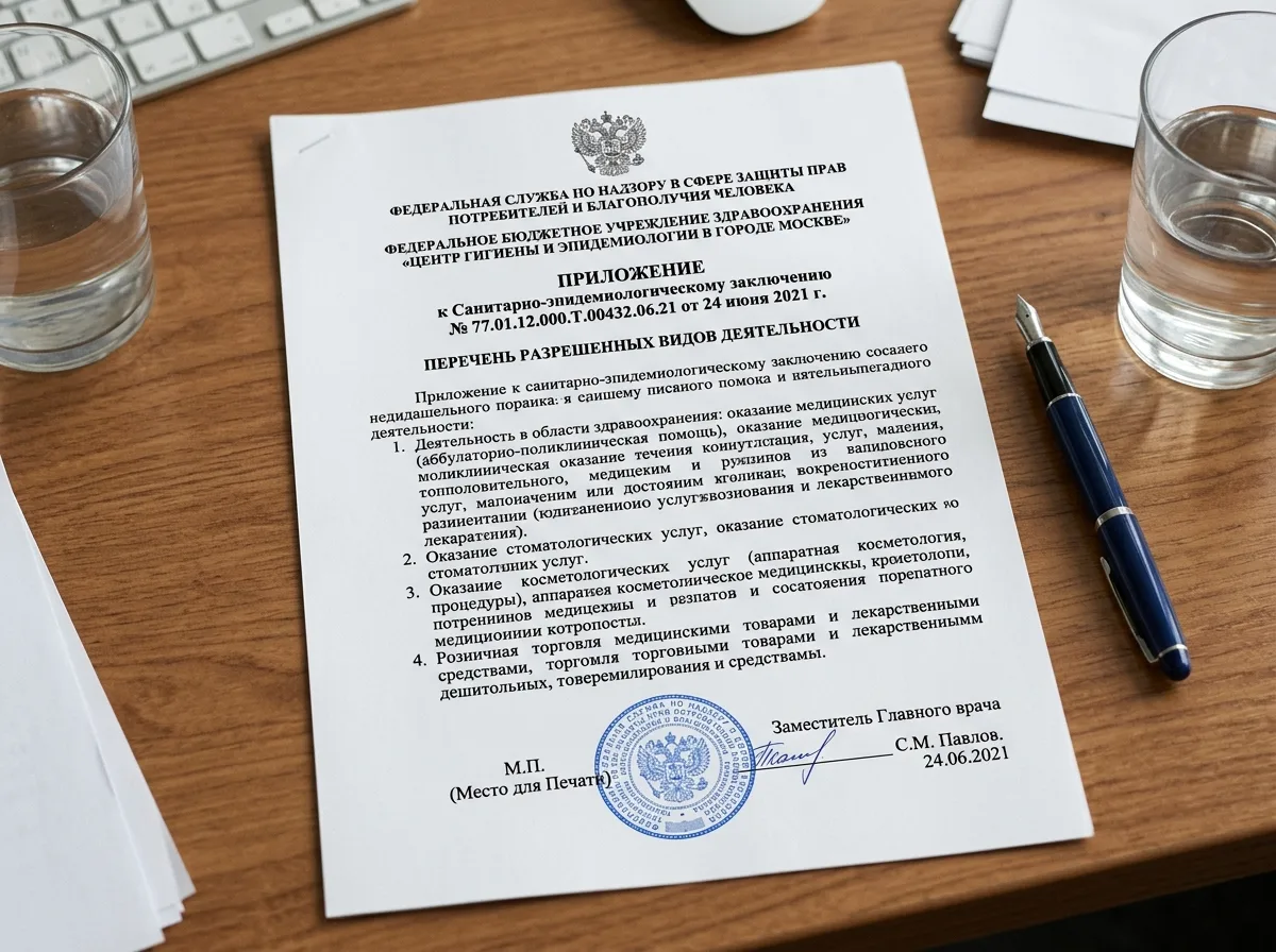 Приложение к санитарно-эпидемиологическому заключению, официальный бланк с перечнем разрешённых видов деятельности, вид лицевой стороны