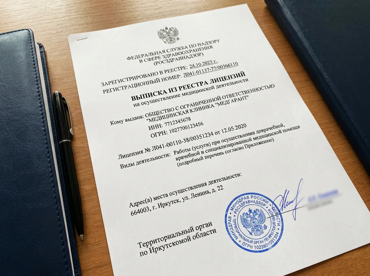 Выписка из реестра лицензий на медицинскую деятельность Росздравнадзора, официальный документ с печатью, вид лицевой стороны