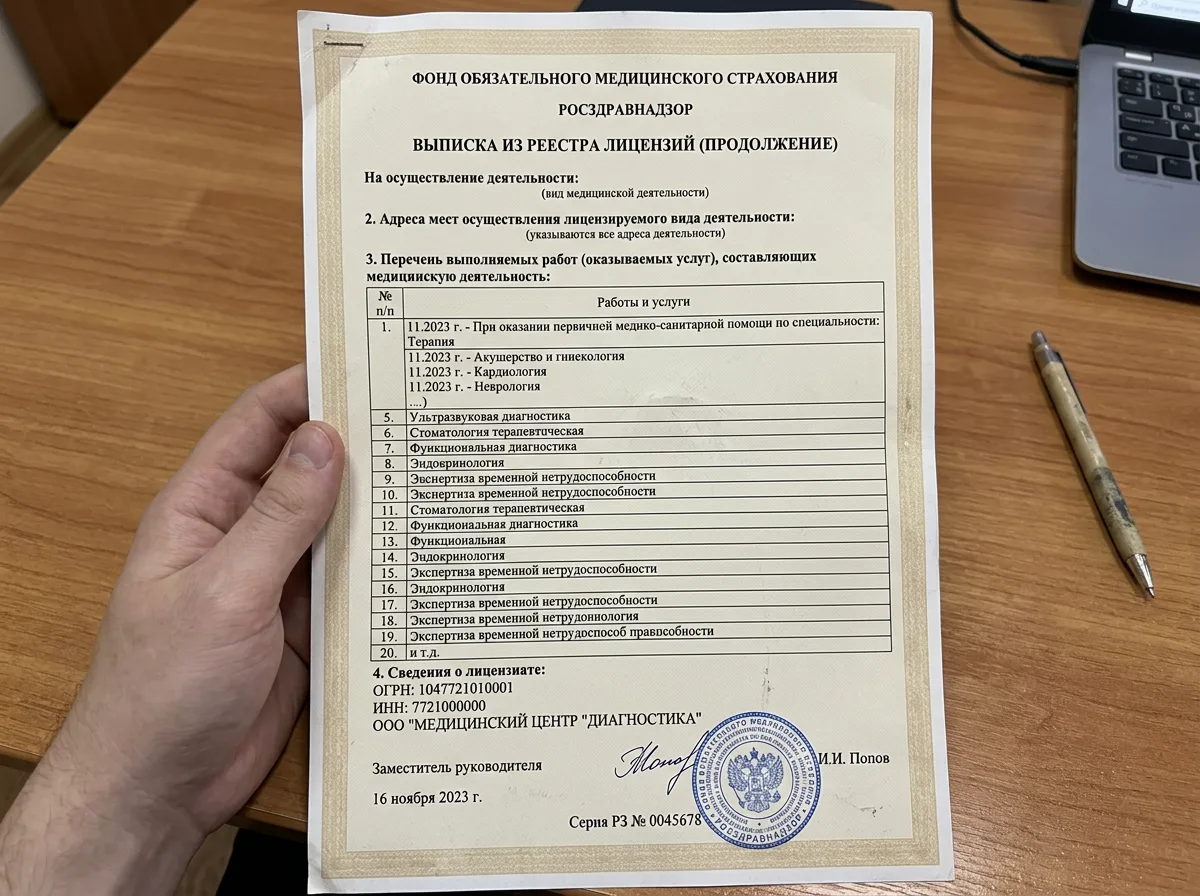 Выписка из реестра лицензий продолжение, оборотная страница официального документа Росздравнадзора с детальным перечнем